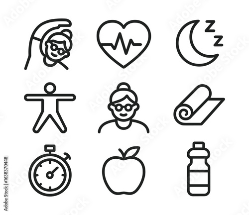 Simple fitness and health icons featuring workout, meditation, and wellness elements