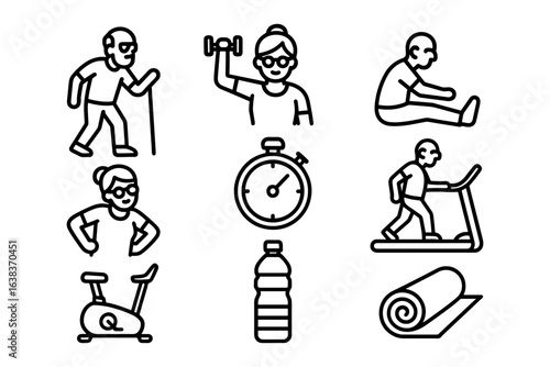 Simple icons: seniors engaging in fitness activities