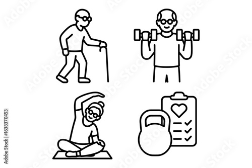 Healthy aging activities: fitness, strength, and wellness for seniors in line art