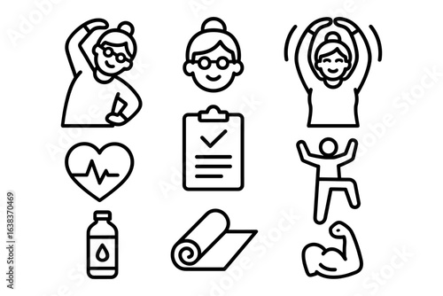 Fitness and health icons: senior woman exercising, yoga mat, heartbeat, strong muscles, wellness