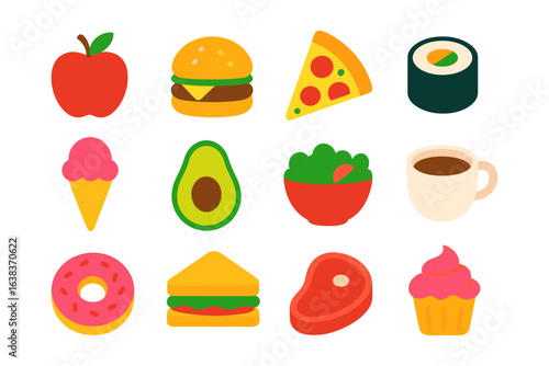 Colorful flat icons of popular foods including burger, pizza, and sushi