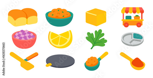 Colorful food ingredients and kitchen utensils in flat style