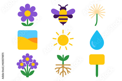 Colorful nature icons: flowers, insects, and symbols in flat style
