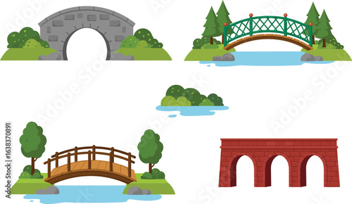 Bridge collection flat vector illustration, various types of bridges over water, architectural design elements, cartoon landscape style, isolated drawing for CAD, urban infrastructure elements.