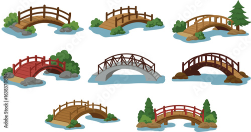 Cartoon wooden garden bridge set, flat vector illustration of arched pedestrian bridges, landscape decoration elements, Japanese style bridges, nature park scene collection