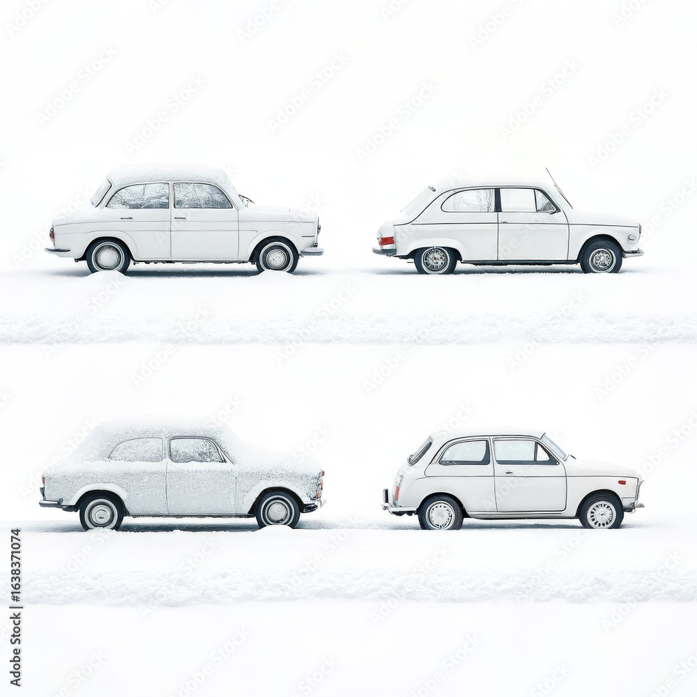 Fototapeta premium Four vintage white cars parked in the snow covered ground with a bright white background in a square format