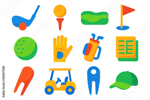 Colorful golf equipment set featuring clubs, cart, and accessories in flat design