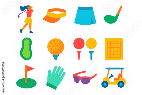 Colorful golf-themed icons highlighting equipment and accessories