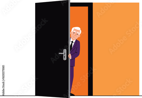 Old man peeking through open door, cartoon office illustration, curious senior businessman character, workplace entrance concept, flat design, simple background, indoor scene