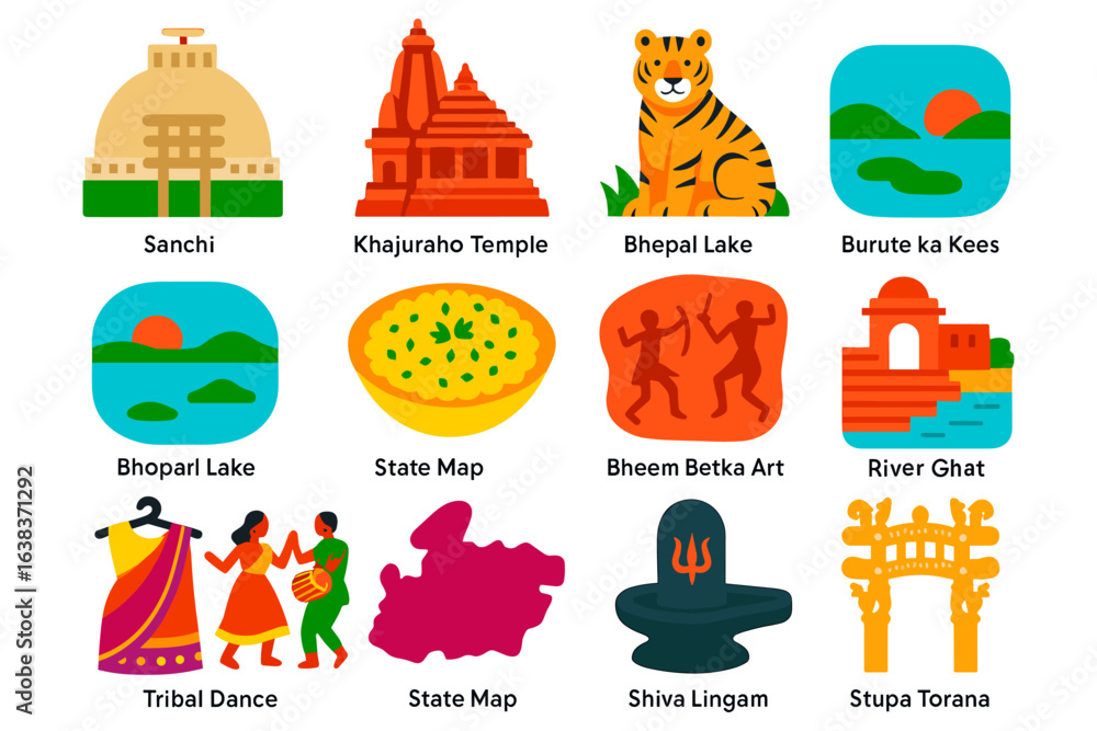 Naklejka premium Icon set of indian cultural and natural heritage: temples, wildlife, dance, and landmarks