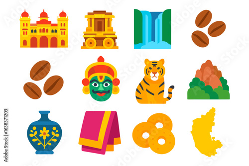 Colorful icons of karnataka: landmarks, nature, and culture in flat design
