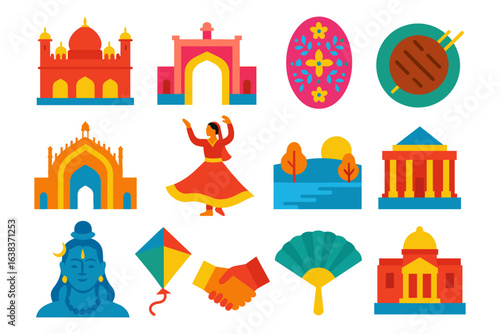 Colorful icons celebrating indian culture and landmarks in flat design