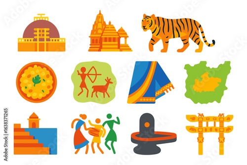 Colorful icons depicting indian culture: landmarks, cuisine, dance, and wildlife