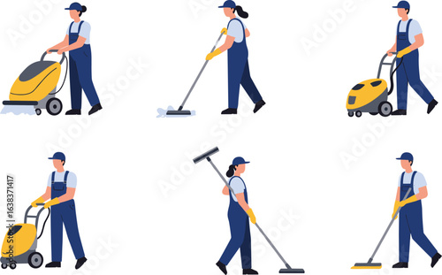 Professional cleaners using modern equipment, cleaning staff vector, janitorial services flat illustration, floor cleaning workers, hygiene maintenance, sanitation service, cleanliness crew, workplace