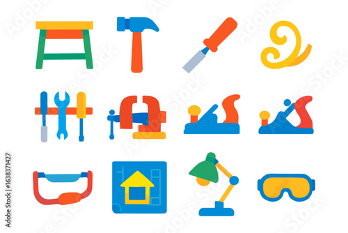 Colorful flat icons of woodworking tools and workshop equipment set