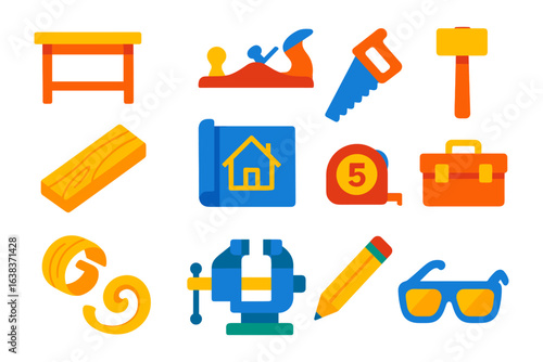 Colorful carpentry tools collection featuring tables, blueprints, and glasses