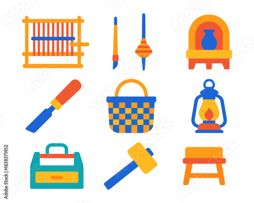 Colorful craft tools: flat style icons of traditional handicrafts and art supplies