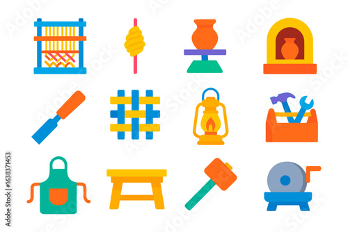 Colorful crafting tools and equipment icons for diy projects and artisan hobbies