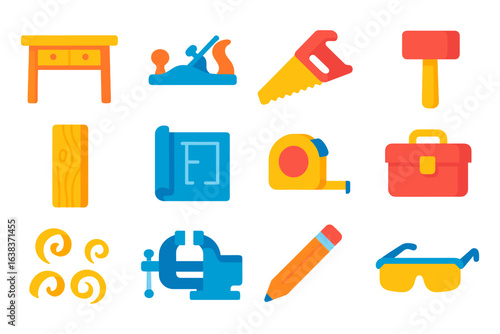 Colorful flat icons of carpentry and woodworking tools for diy projects