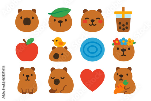 Cute capybara elements in flat design with animals and food icons