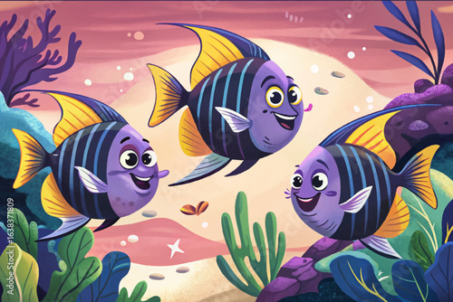 Angelfish gliding elegantly in calm blue reef waters, serene underwater moment cartoon wallpaper