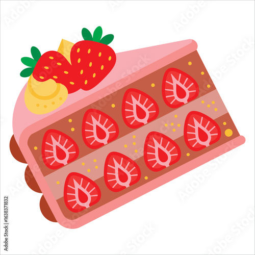 Set of birthday cake slices in flat cartoon style. Hand drawn pastry pieces with candles, chocolate, fruit and berry for holiday or dessert visuals