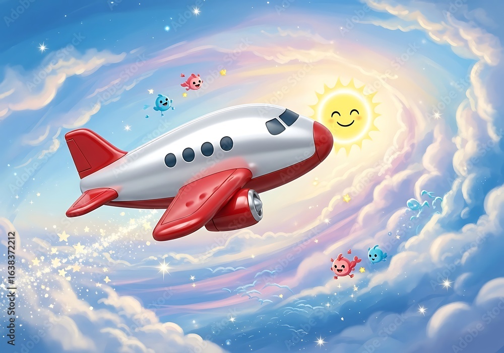 Fototapeta premium Cartoon Airplane Flying Through Dreamy Clouds with a Smiling Sun aircraft cute