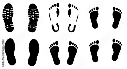Collection of footprint and shoe print silhouettes isolated on white background