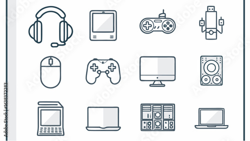 Illustration showcasing various electronic devices including headphones tablet and gaming controllers and laptops | editable eps vectors silhouette