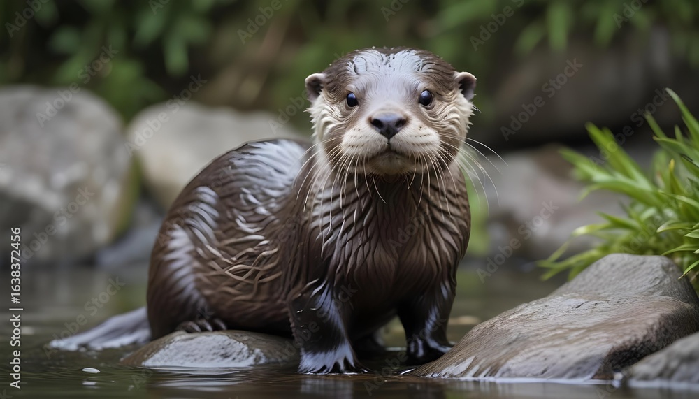 This adorable otter gazes intently while resting on a rock in the river, showcasing its wet fur. This adorable otter gazes intently while resting on a rock in the river, showcasing its wet fur.