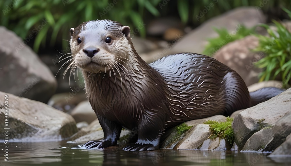Fototapeta premium A curious otter looks directly at the camera from the water's edge, surrounded by rocks.