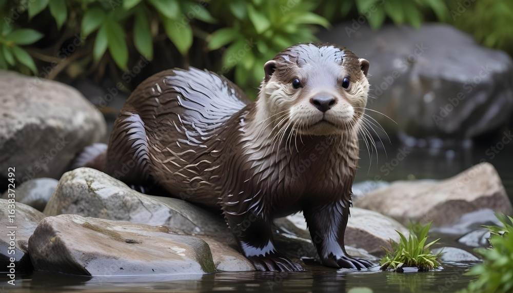 Fototapeta premium A charming otter poses near the water, showcasing a curious and alert expression.