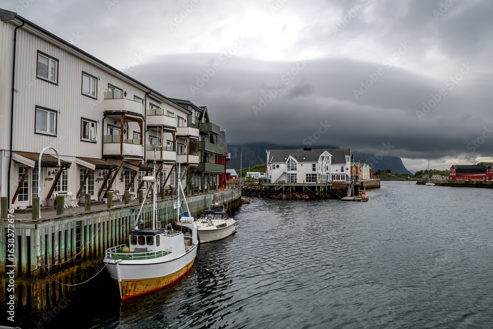 Fototapeta premium Harbor With Fisher Boats In Henningsvaer City On Lofoten Islands In Norway