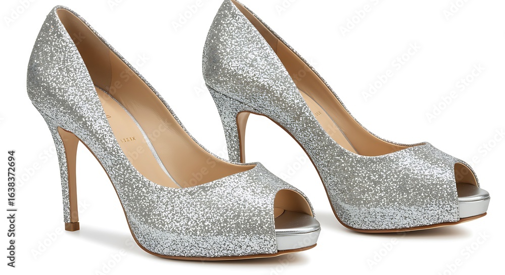 Obraz premium Sparkling silver glitter peep toe high heel shoes isolated on white background