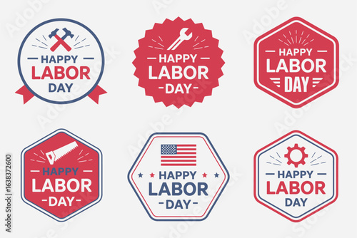 Labor Day badge collection, patriotic emblem set, USA celebration vector, American worker holiday, festive label design