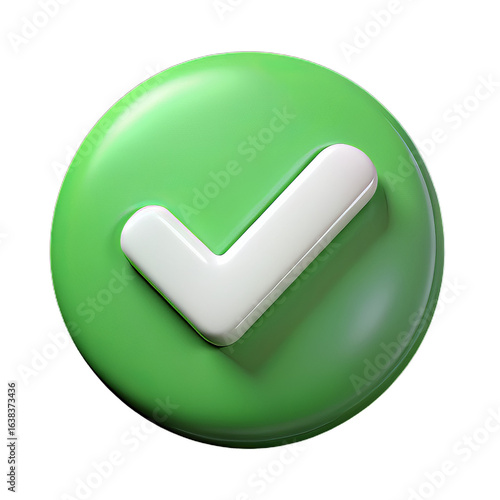 Round Green 3D Plastic Checkmark Icon with White Beveled Symbol on Transparent Background