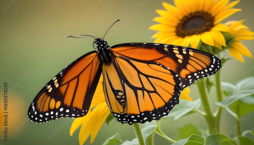 Fototapeta premium A stunning monarch butterfly gracefully resting on a sunflower, capturing summer's essence.