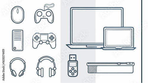 Illustration showing computer, laptops, mouse, hard drive, headphones, controllers and usb drive | editable eps vectors silhouette