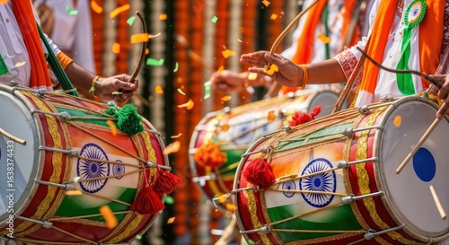 Drummers Celebrating with Traditional Indian Dhols at a Cultural Festival with Colorful Decorations for Blogs, Cultural Events, Music Websites, and Festive Awareness Campaigns  