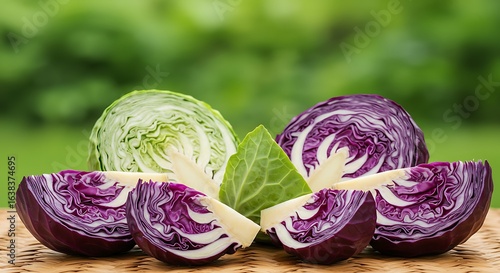 Fresh red and green cabbage halves isolated on green  background