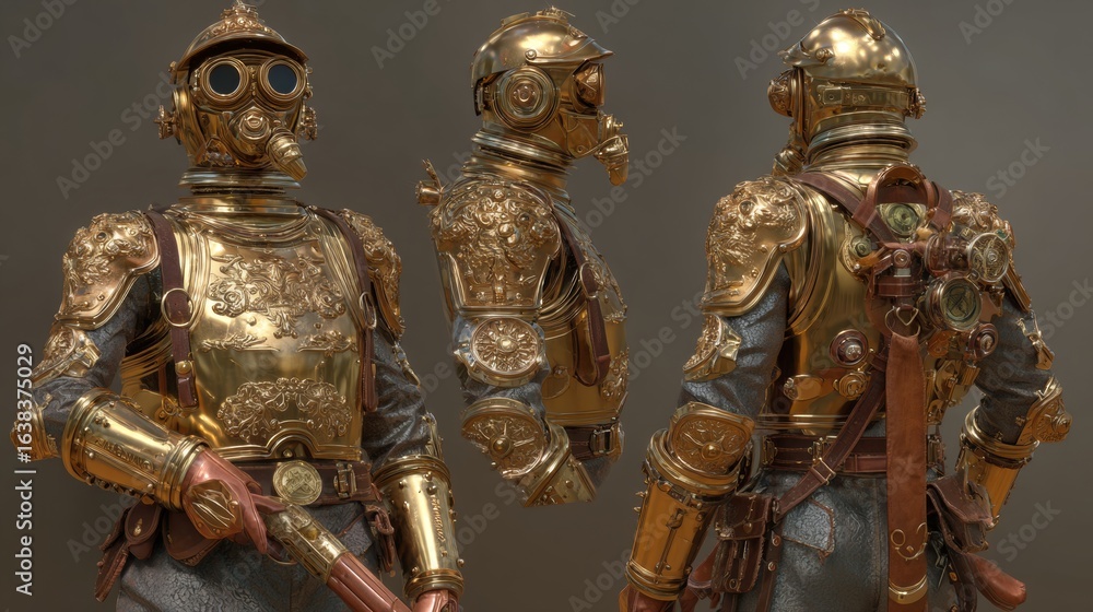 Obraz premium Intricately Designed Steampunk Soldier in Brass Armor with Unique Gadgets and Detailed Textures