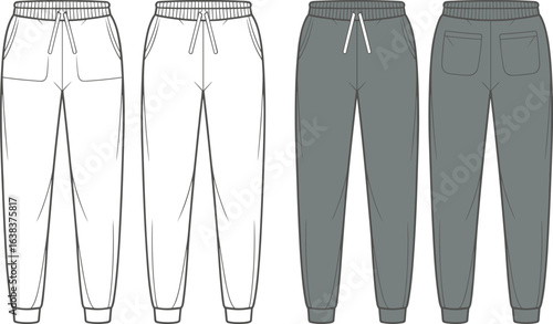 Comfortable unisex jogger sweatpants with drawstring waistband, casual loungewear apparel technical sketch, vector flat drawing in two colorways
