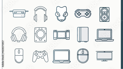 Illustration showcasing various electronics including headphones speakers monitors laptops and gaming consoles line art | editable eps vectors silhouette