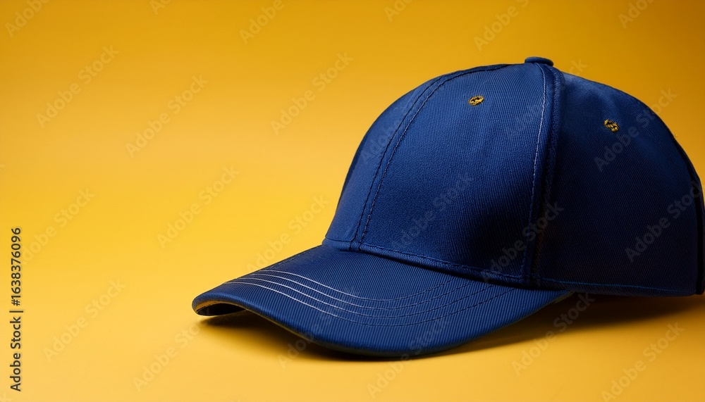 Fototapeta premium navy blue baseball cap on a vibrant yellow background