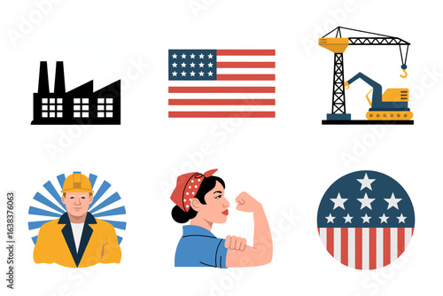Industrial Labor Day icons, factory flag crane worker vector, strong workforce celebration, USA patriotic badge, American labor design