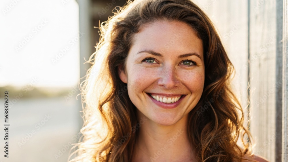 Obraz premium Bright portrait of a smiling woman with flowing hair, set against a sunlit background, radiating warmth and positivity.