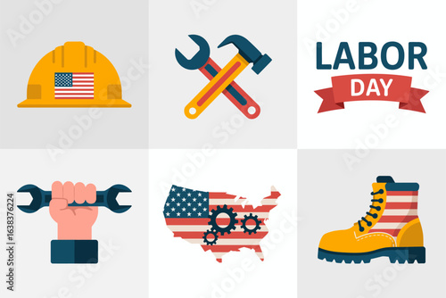 Labor Day construction icon set, hard hat wrench handshake vector, American worker celebration, USA patriotic design, teamwork illustration