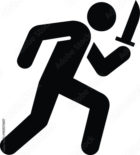 Running Man with Knife Icon in Black Color Isolated on Transparent Background - Silhouette of Attacker, Robber, or Criminal Figure.