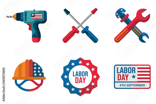 Labor Day tool and badge set, drill wrench helmet vector, holiday celebration illustration, patriotic design, USA worker collection