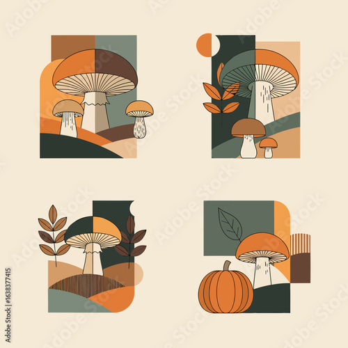 A set of four modern graphic illustrations with autumn mushrooms, a pumpkin, and leaves in a geometric style.